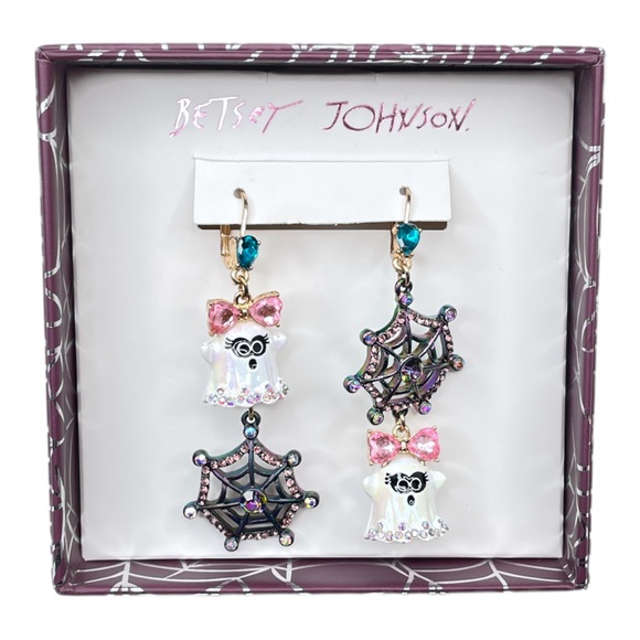 Betsey Johnson Ghost and Spiderweb Dangle Earrings White Blue - Picture 1 of 5